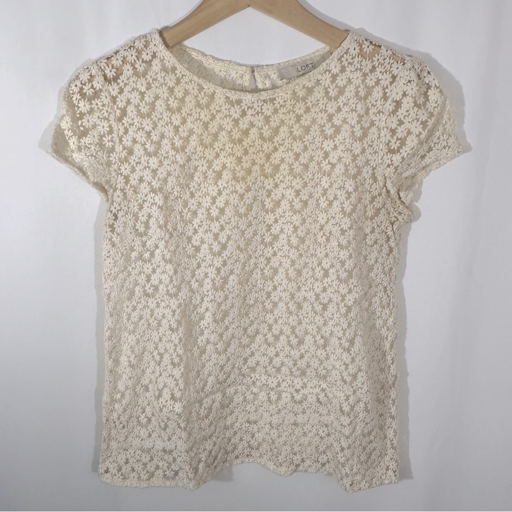 LOFT Women’s Daisy Lace Crochet Top XS Cream Ivory Floral Embroidery Sheer